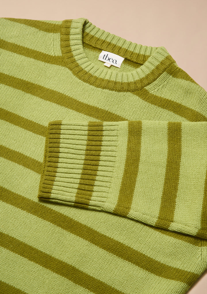 Merino Wool Crew Neck Jumper in Green Stripe