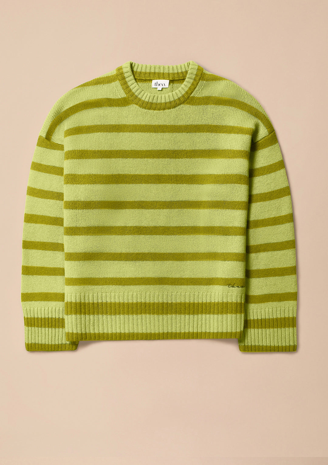 Merino Wool Crew Neck Jumper in Green Stripe
