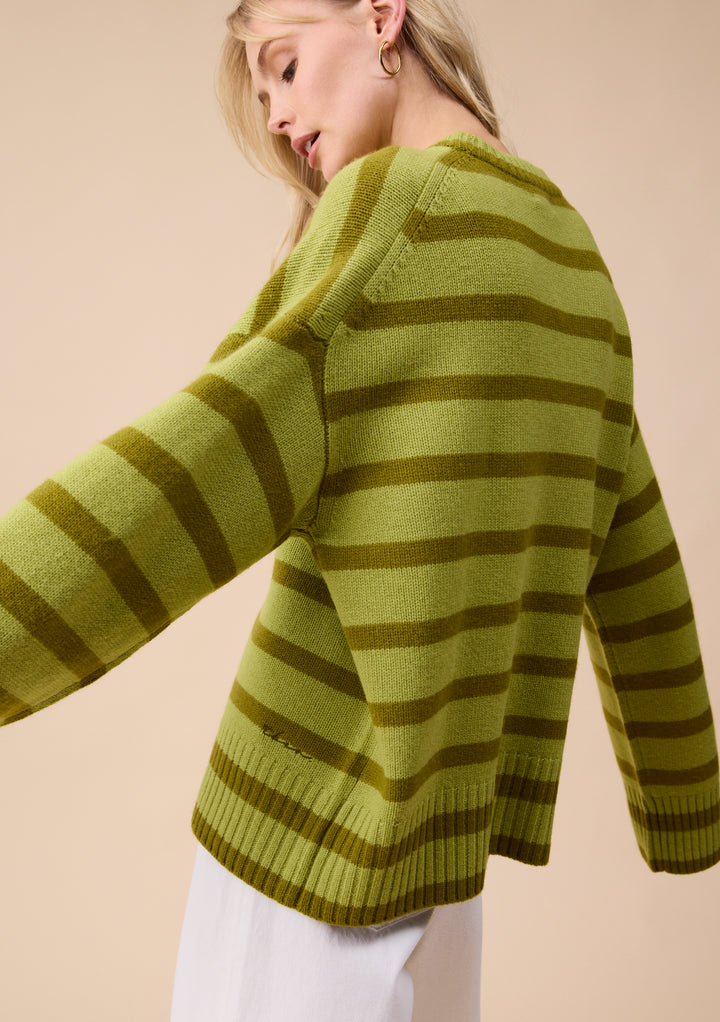 Merino Wool Crew Neck Jumper in Green Stripe