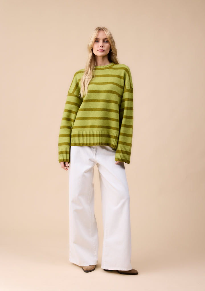 Merino Wool Crew Neck Jumper in Green Stripe