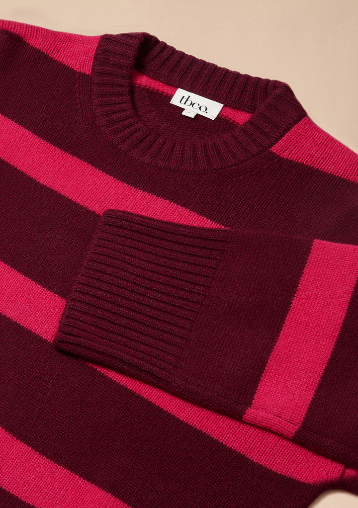 Cashmere Wool Crew Neck Jumper in Pink & Burgundy Stripe