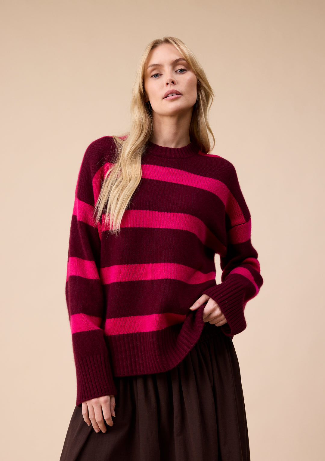 Cashmere Wool Crew Neck Jumper in Pink & Burgundy Stripe