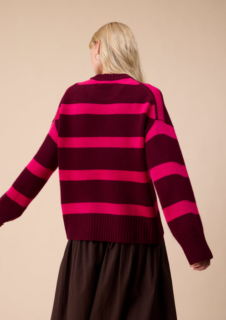 Cashmere Wool Crew Neck Jumper in Pink & Burgundy Stripe