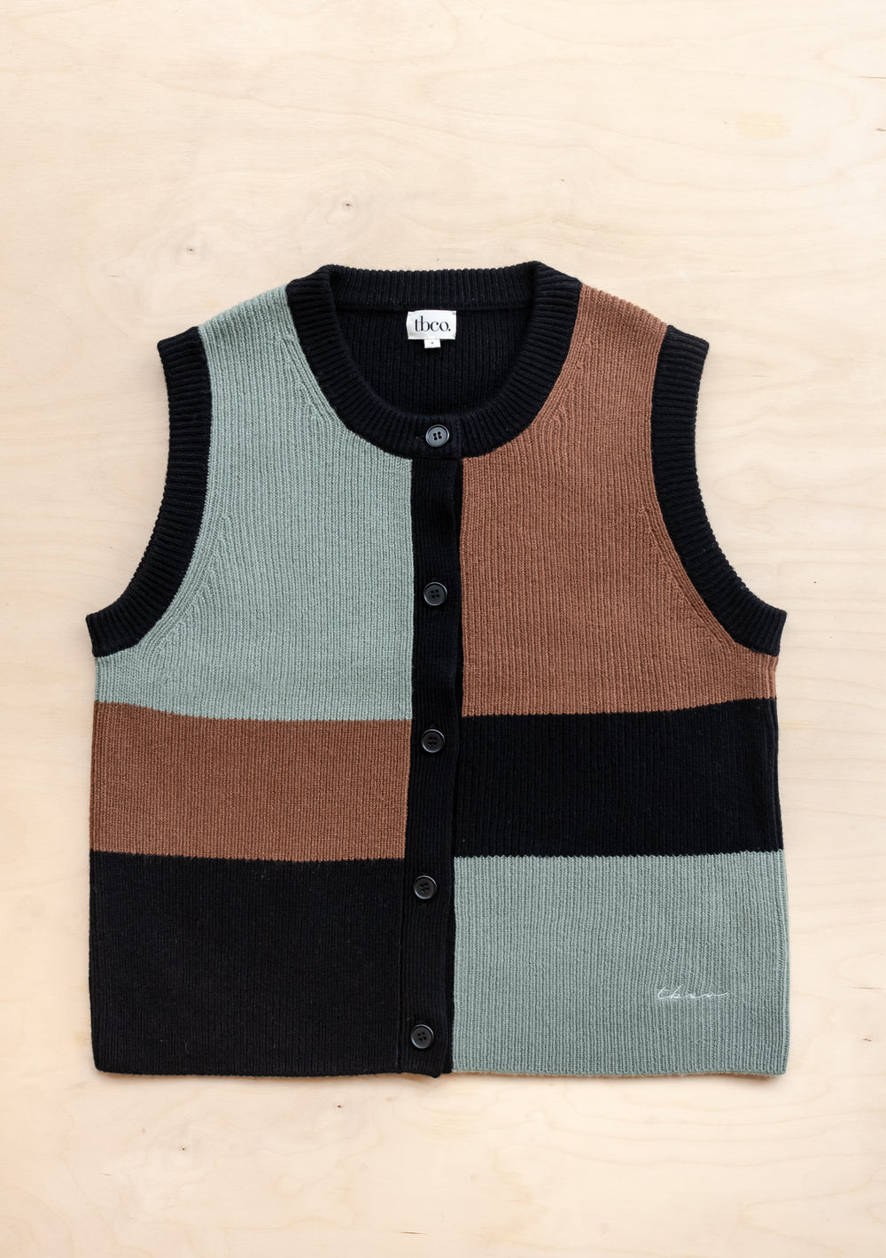 TBCo Merino Wool Vest in Green Block featuring colour-block design in sage, brown and black with button-front closure