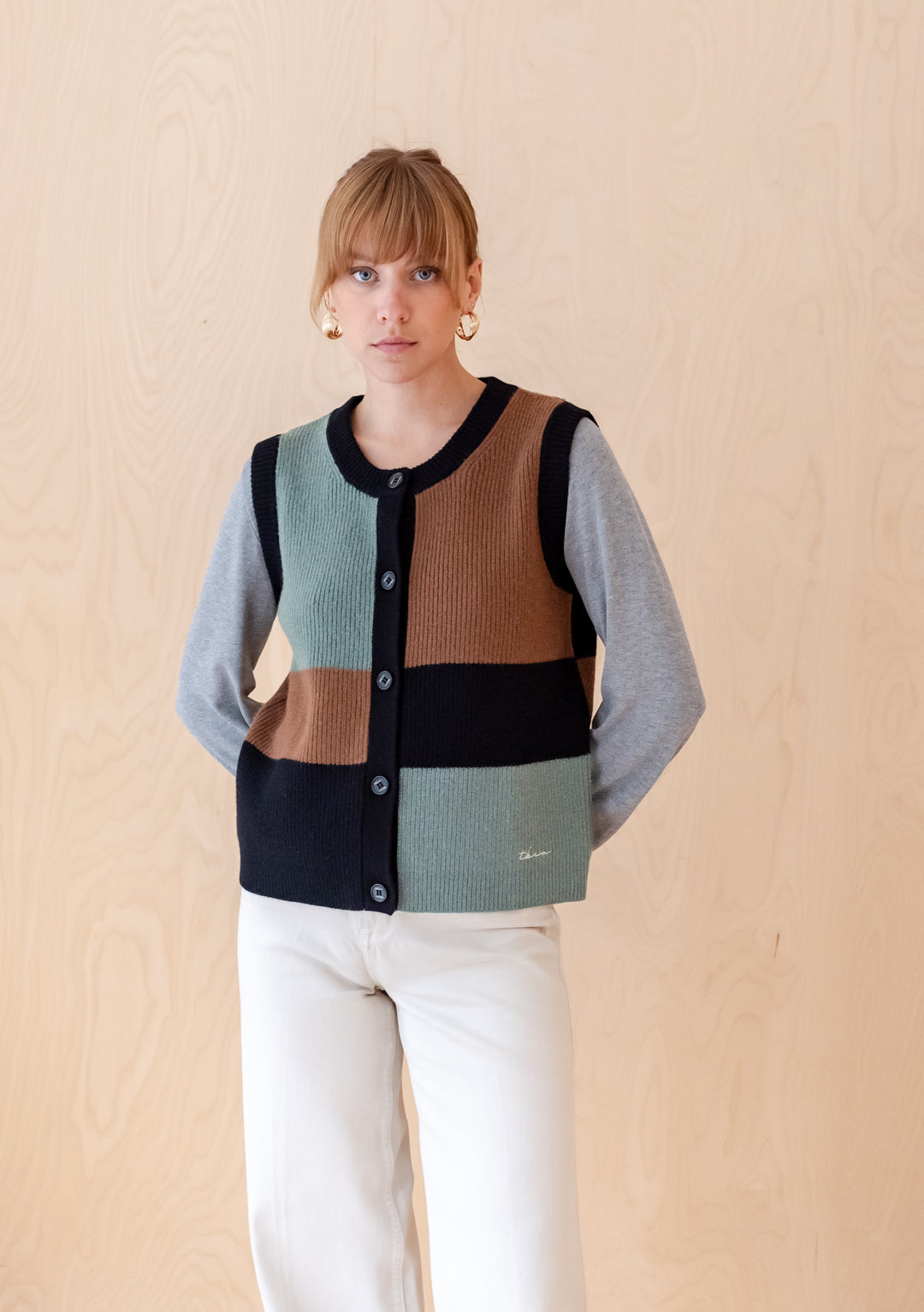 TBCo Merino Wool Vest in Green Block shown as colour-block design featuring sage green, brown and black panels on relaxed-fit style