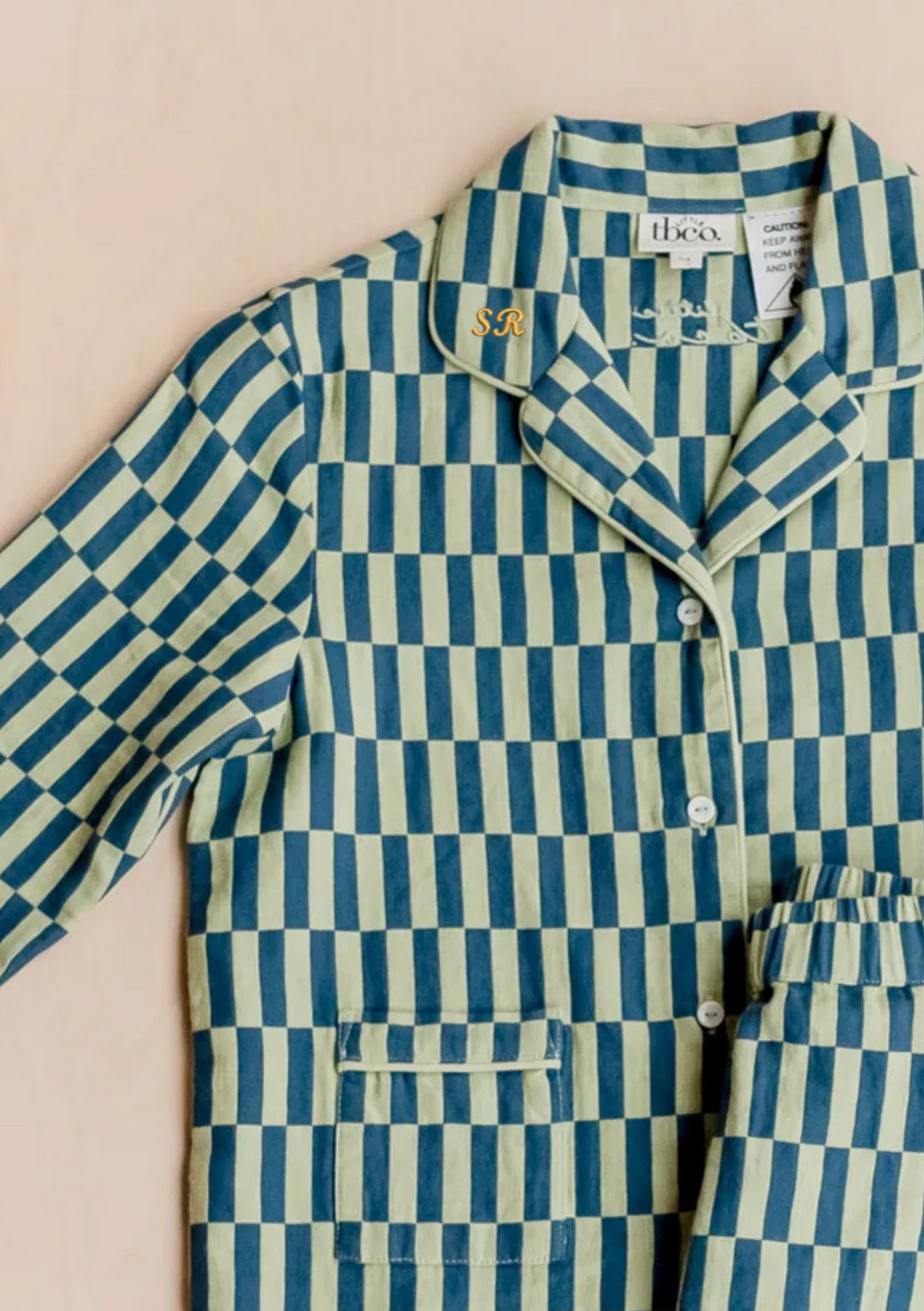 TBCo Cotton Kids Pyjamas in green and blue checkerboard pattern with collar, buttons and customisable monogram detail