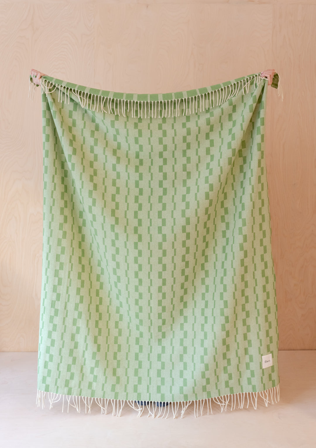 TBCo Lambswool Blanket in Green Checker Stripe with fringed edges, displayed hanging against beige wall showing geometric pattern