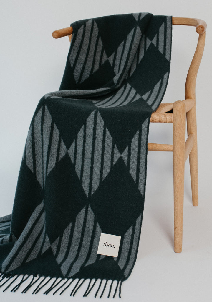 Couverture en laine d'agneau à rayures vertes et jacquard Harlequin
