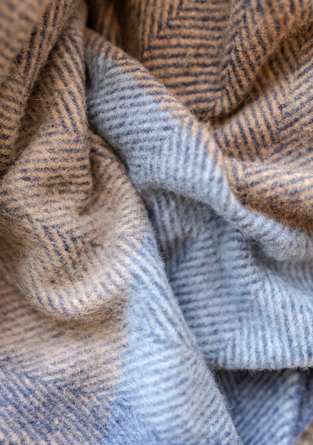 TBCo Recycled Wool Extra Large Blanket in Blue Herringbone Block Check, showing textured wool weave pattern in soft blue tones