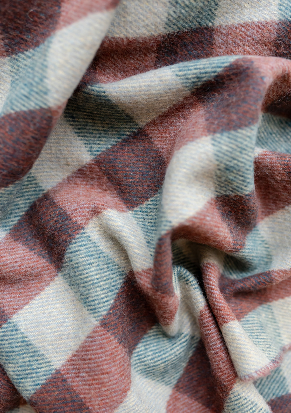 TBCo Recycled Wool Blanket in Teal Gingham pattern, featuring soft textured weave in teal, burgundy and cream checks