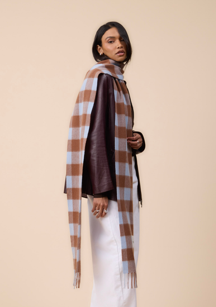 Lambswool Skinny Scarf in Brown & Blue Gingham