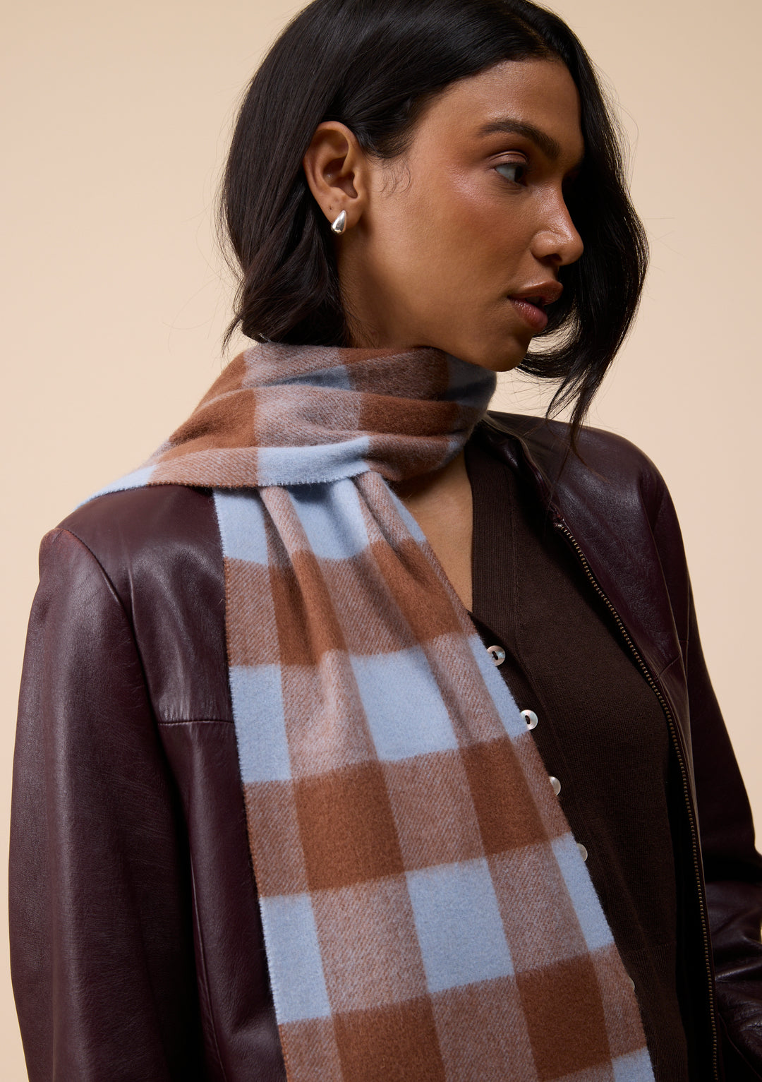 Lambswool Skinny Scarf in Brown & Blue Gingham