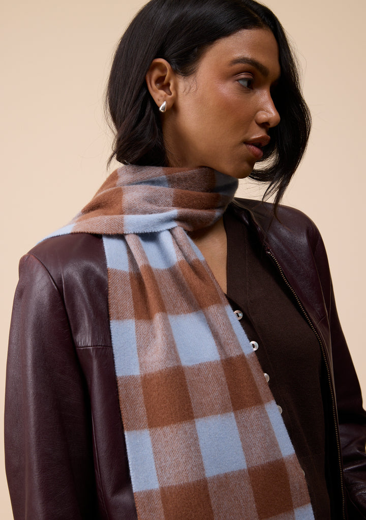 Lambswool Skinny Scarf in Brown & Blue Gingham