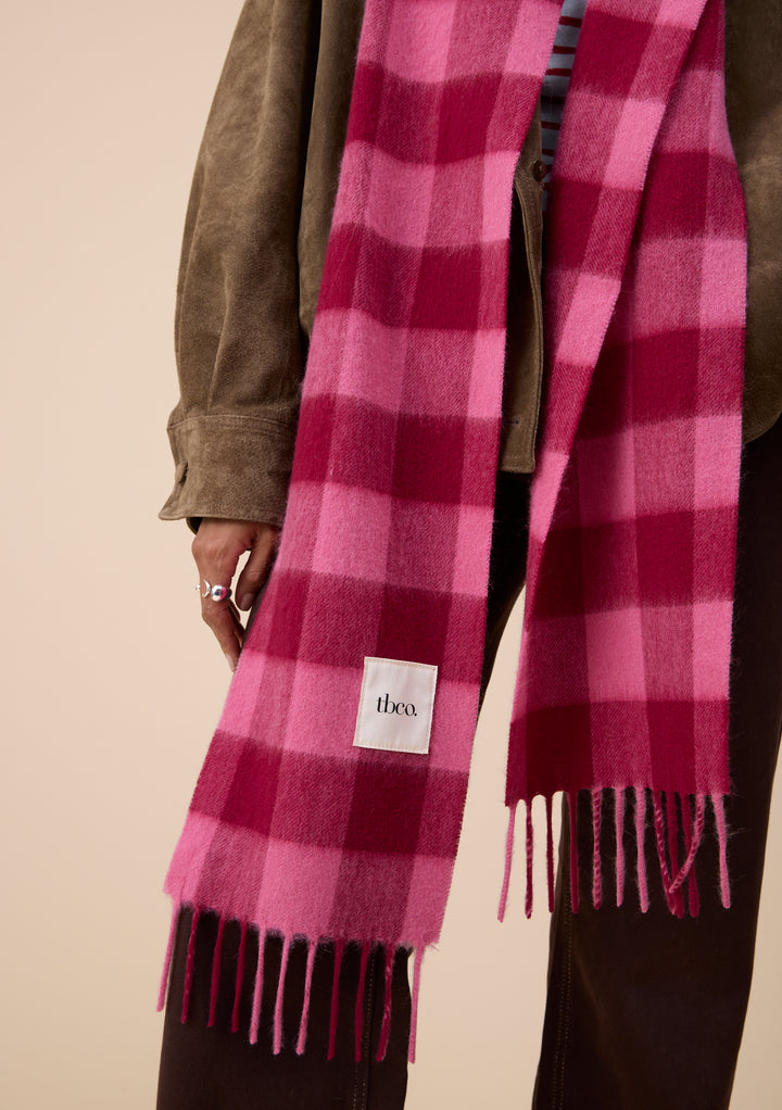 Lambswool Skinny Scarf in Pink & Burgundy Gingham