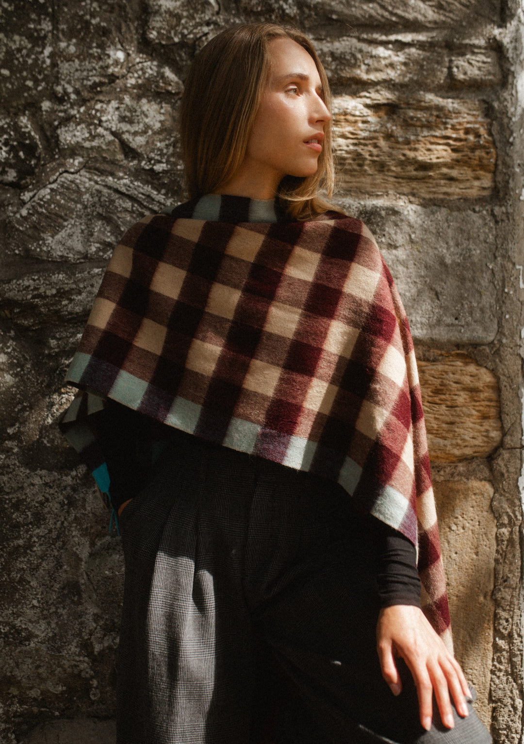 Lambswool Oversized Scarf in Camel Gingham