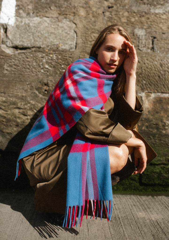 Lambswool Oversized Scarf in Blue Modern Tartan