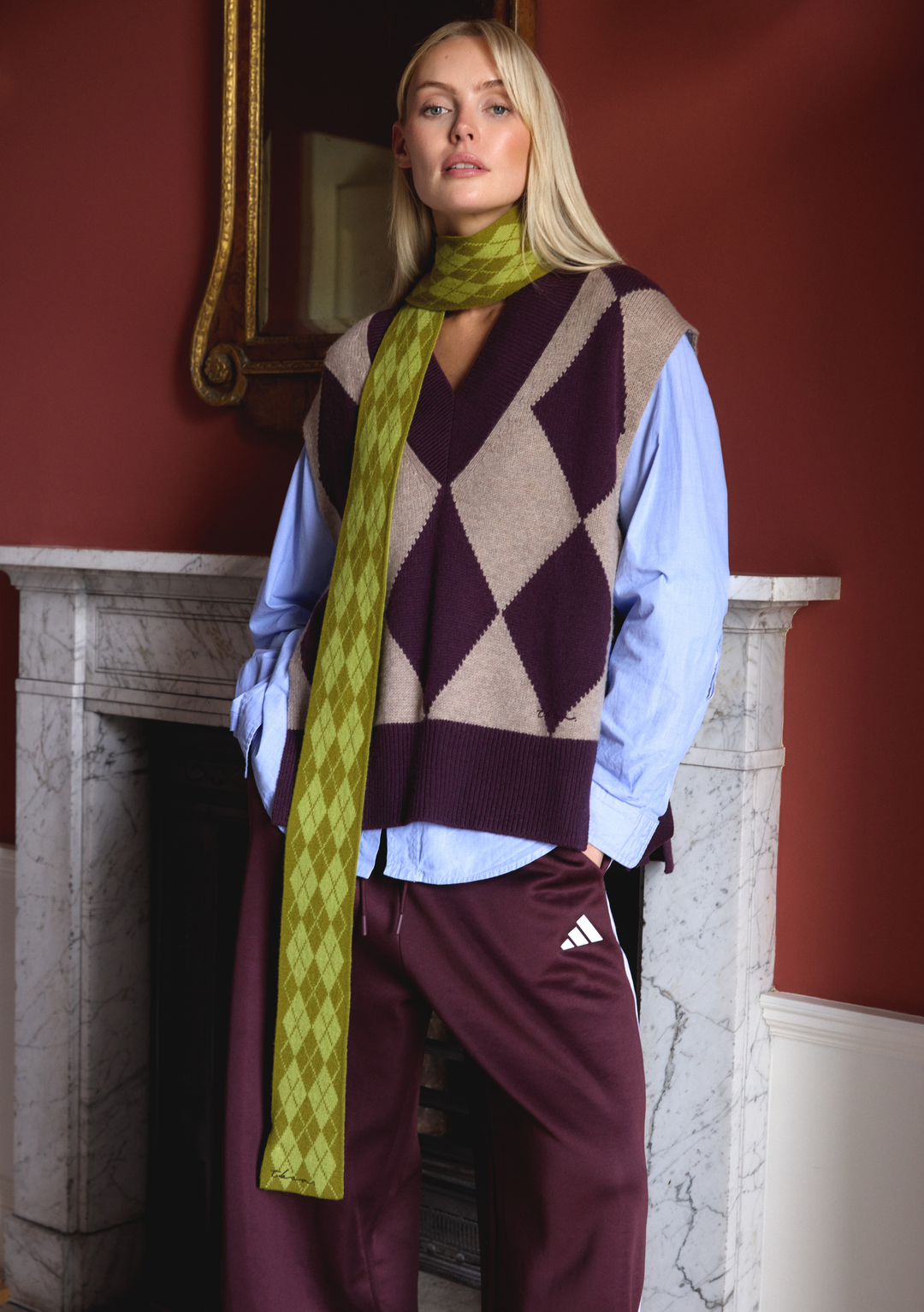 Merino Wool Skinny Scarf in Green Argyle