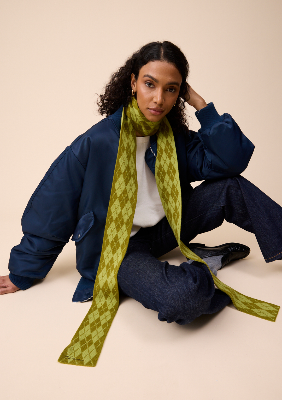 Merino Wool Skinny Scarf in Green Argyle