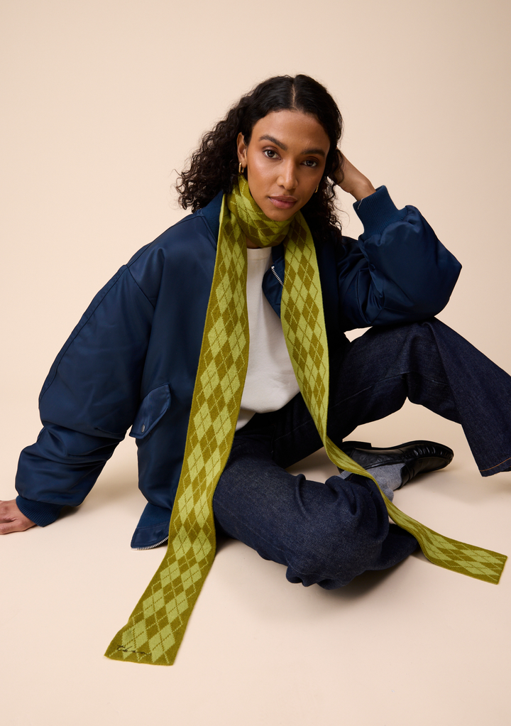 Merino Wool Skinny Scarf in Green Argyle