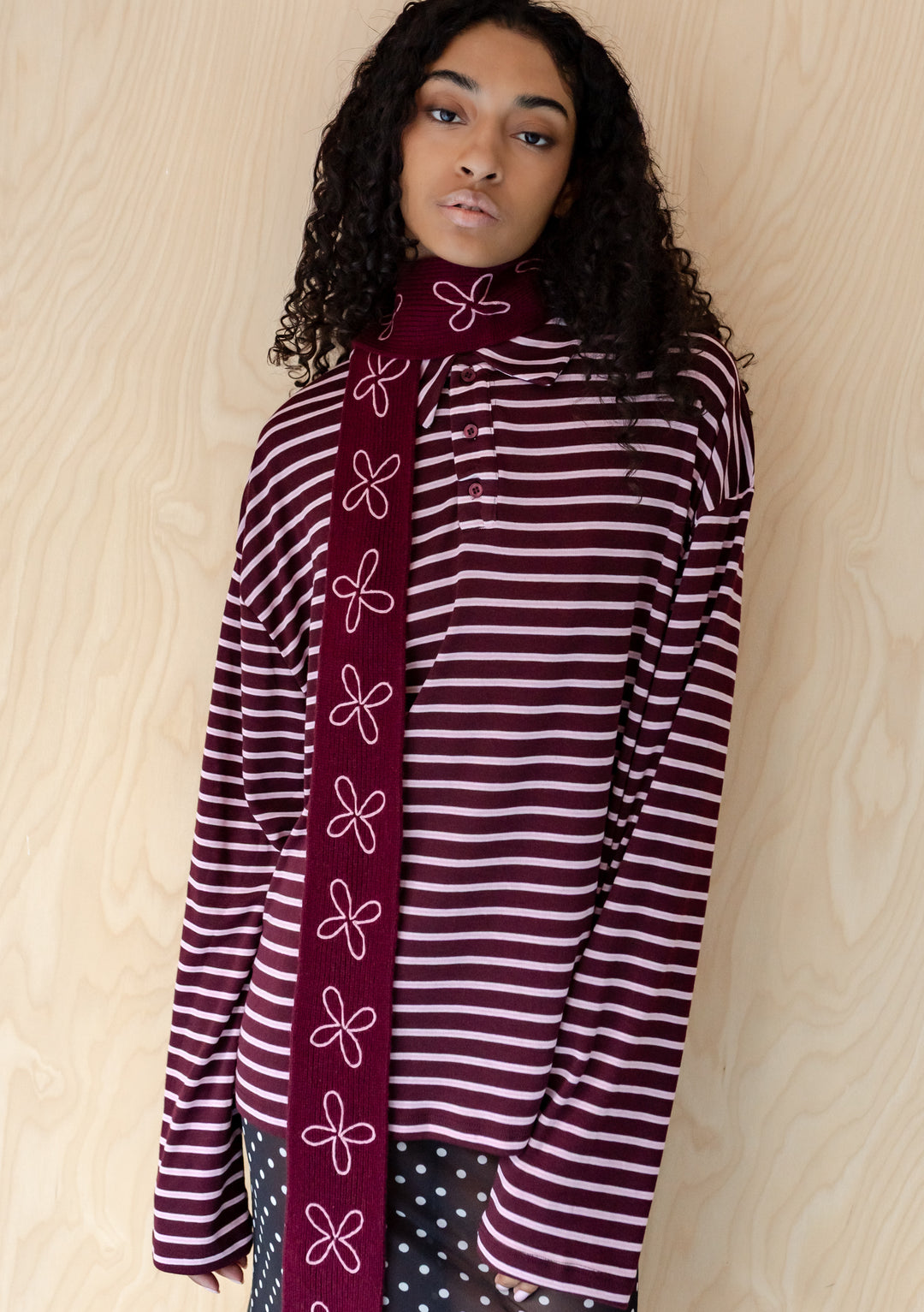 Merino Wool Skinny Scarf in Burgundy Flora