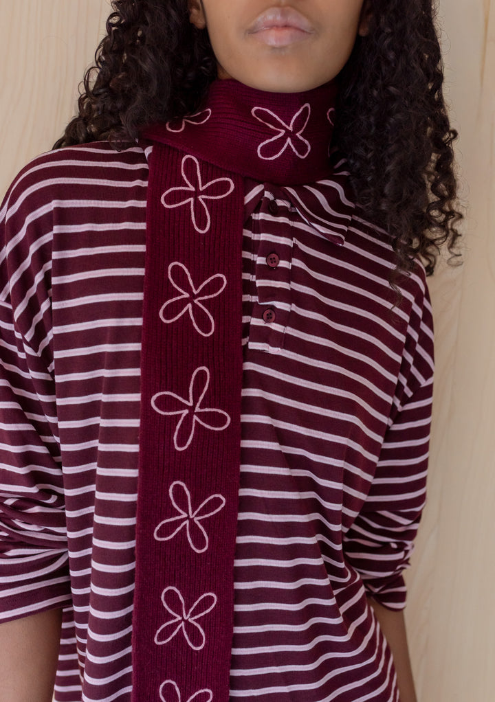 Merino Wool Skinny Scarf in Burgundy Flora