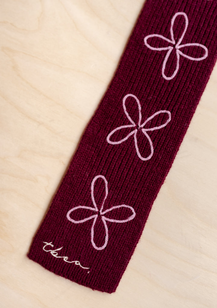 Merino Wool Skinny Scarf in Burgundy Flora