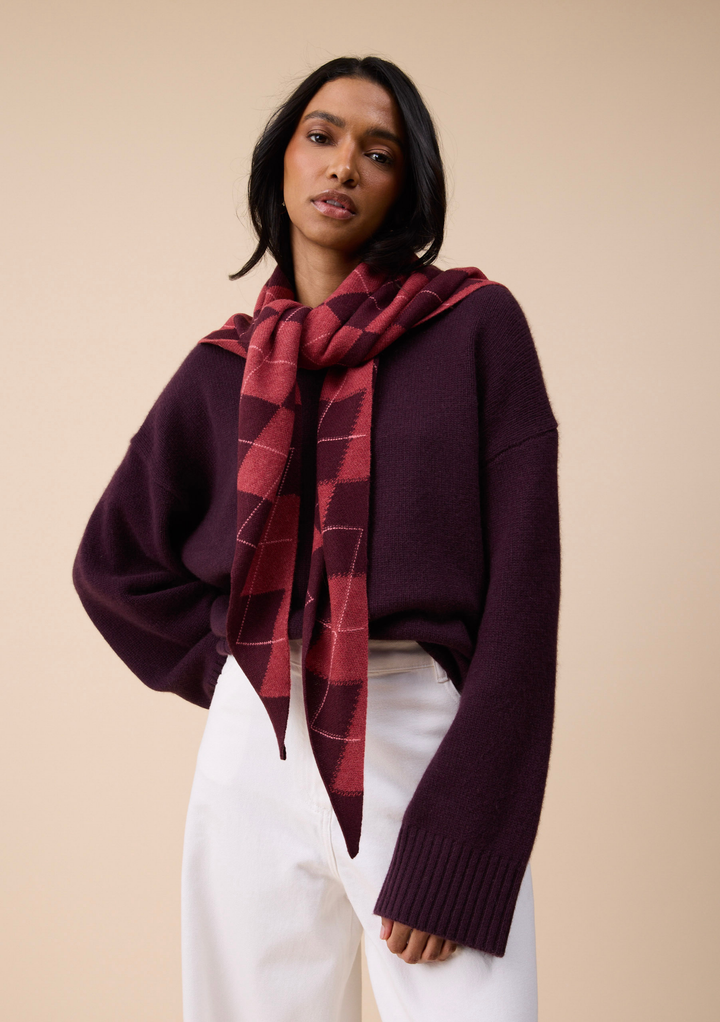 Large Merino Wool Triangle Scarf in Berry Argyle