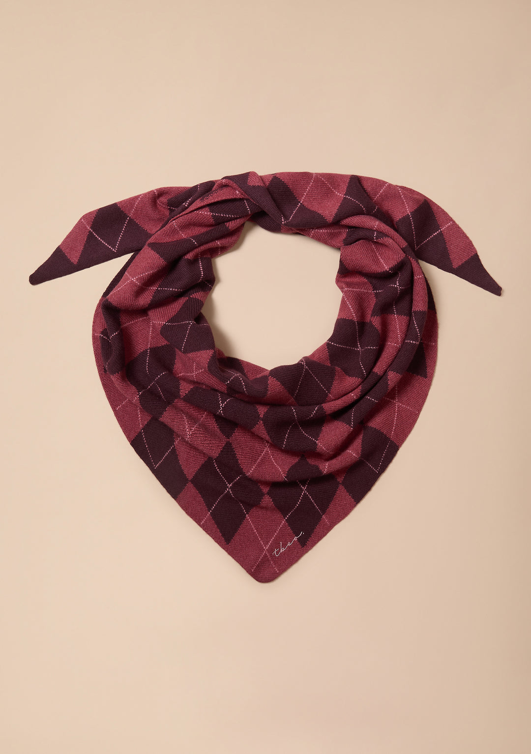 Large Merino Wool Triangle Scarf in Berry Argyle