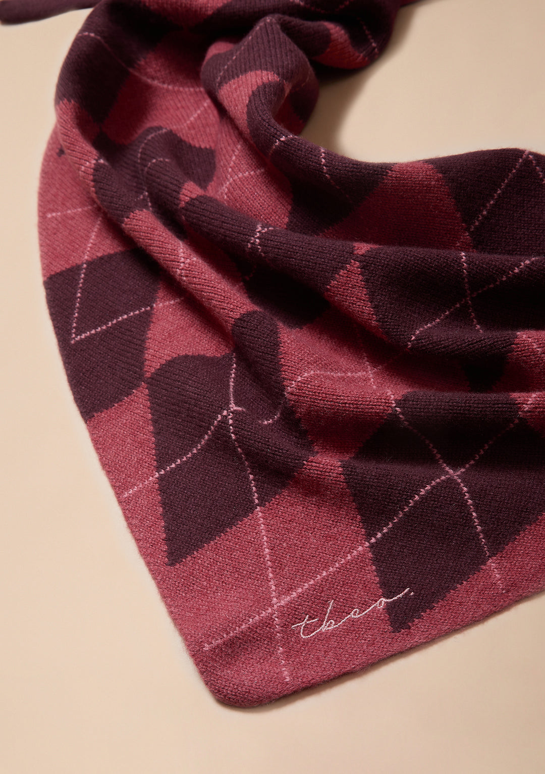 Large Merino Wool Triangle Scarf in Berry Argyle
