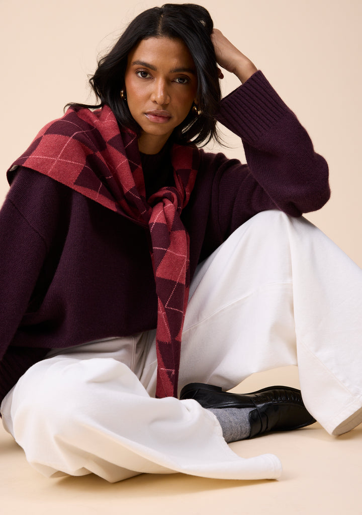 Large Merino Wool Triangle Scarf in Berry Argyle