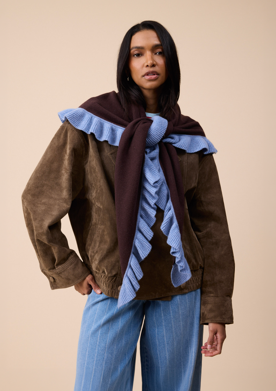 Large Merino Wool Triangle Scarf in Brown Ruffle