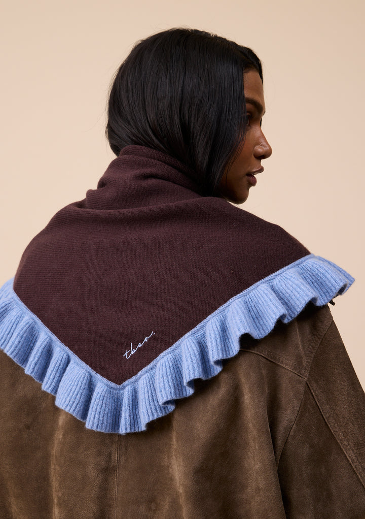 Large Merino Wool Triangle Scarf in Brown Ruffle