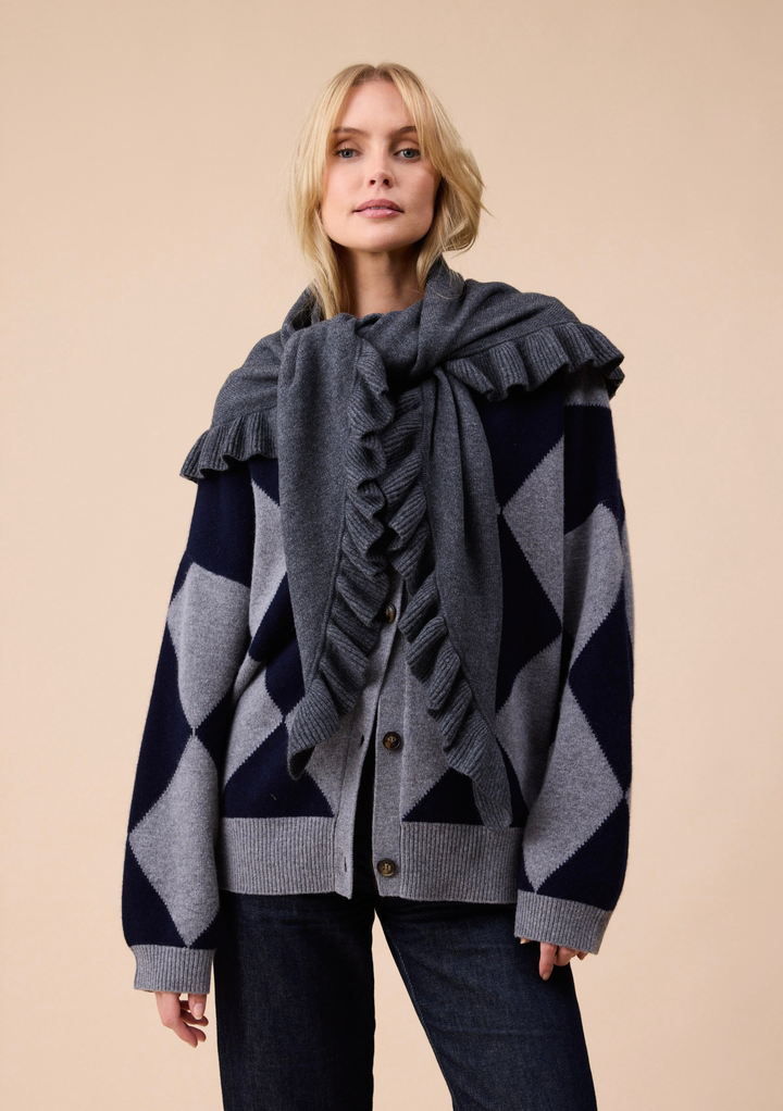 Large Merino Wool Triangle Scarf in Grey Ruffle