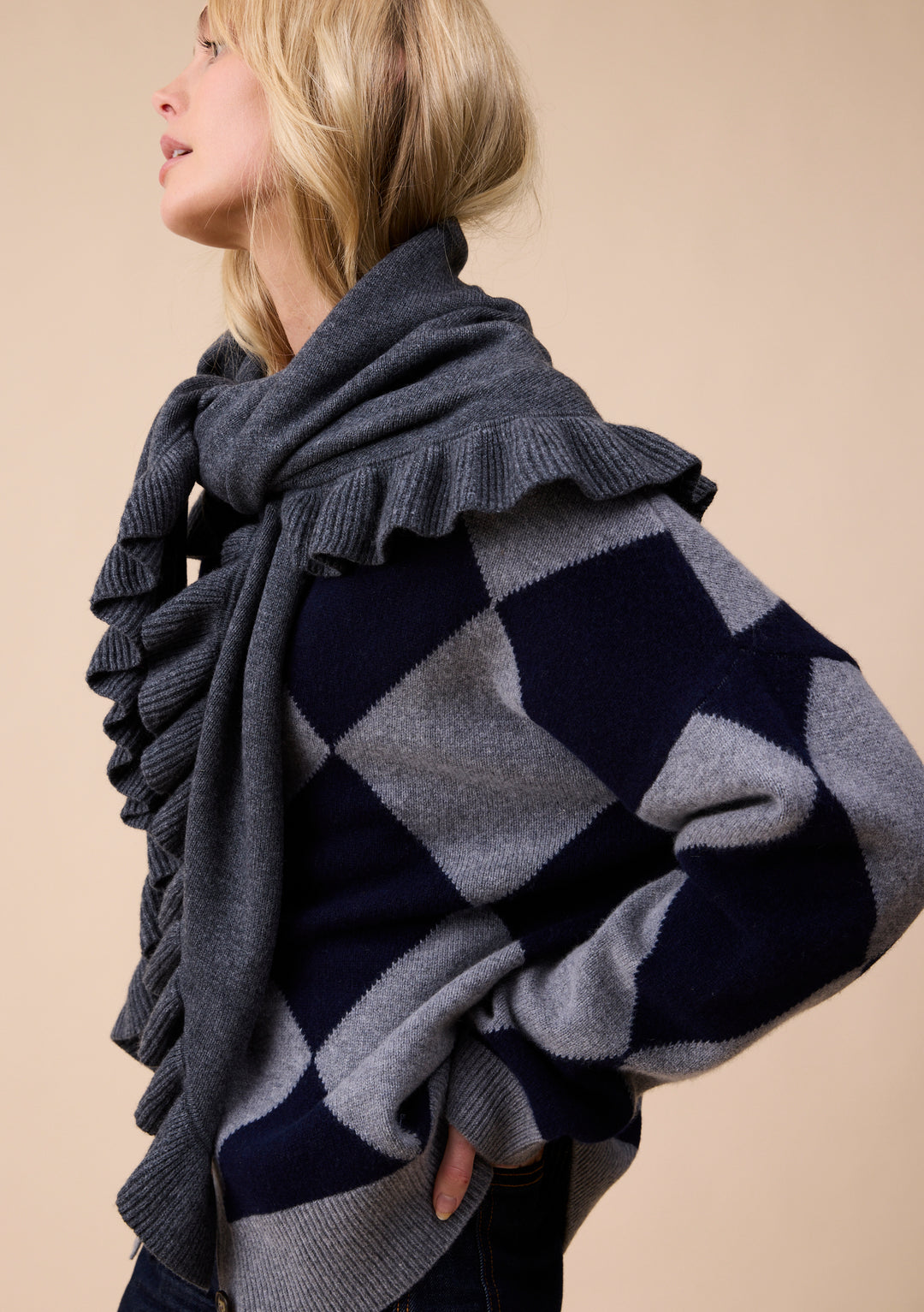 Large Merino Wool Triangle Scarf in Grey Ruffle