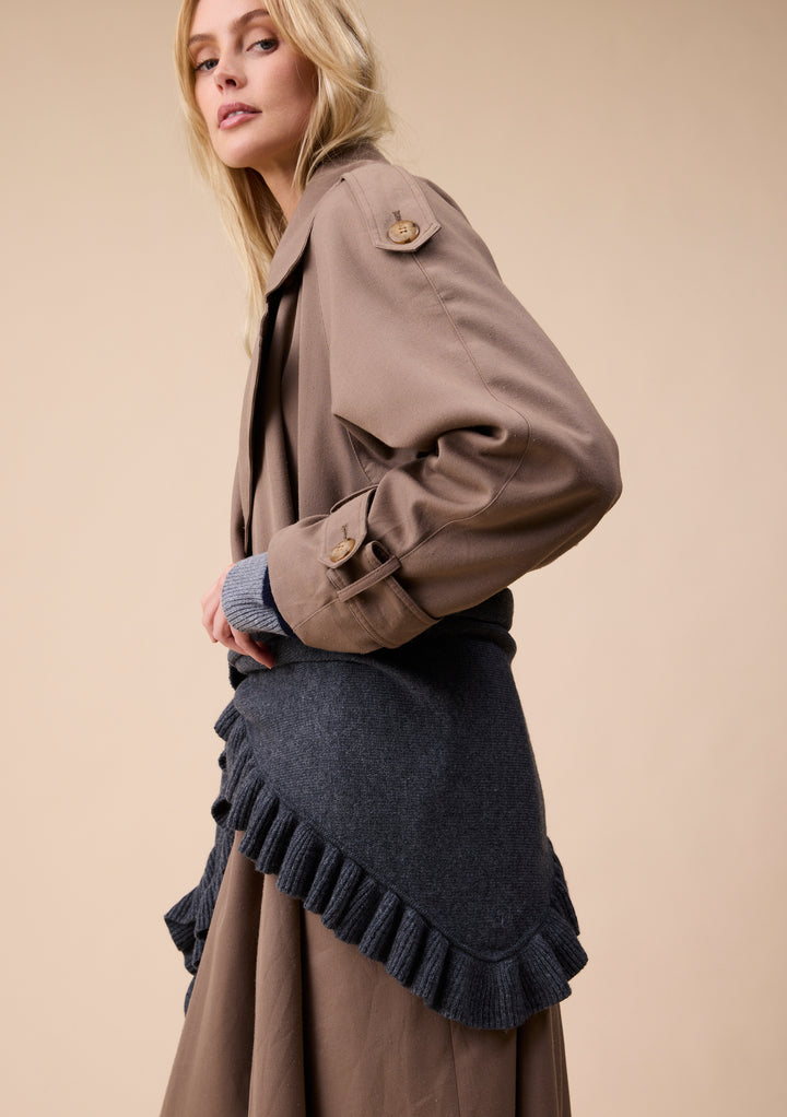 Large Merino Wool Triangle Scarf in Grey Ruffle