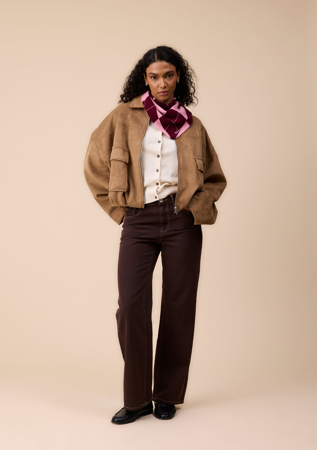 Merino Wool Triangle Scarf in Pink Argyle