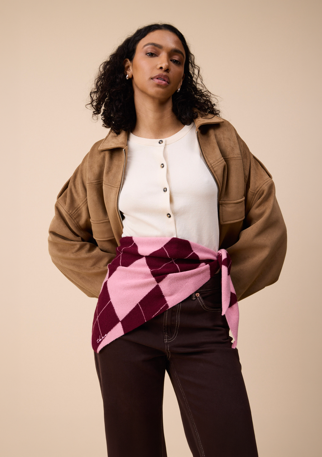 Merino Wool Triangle Scarf in Pink Argyle