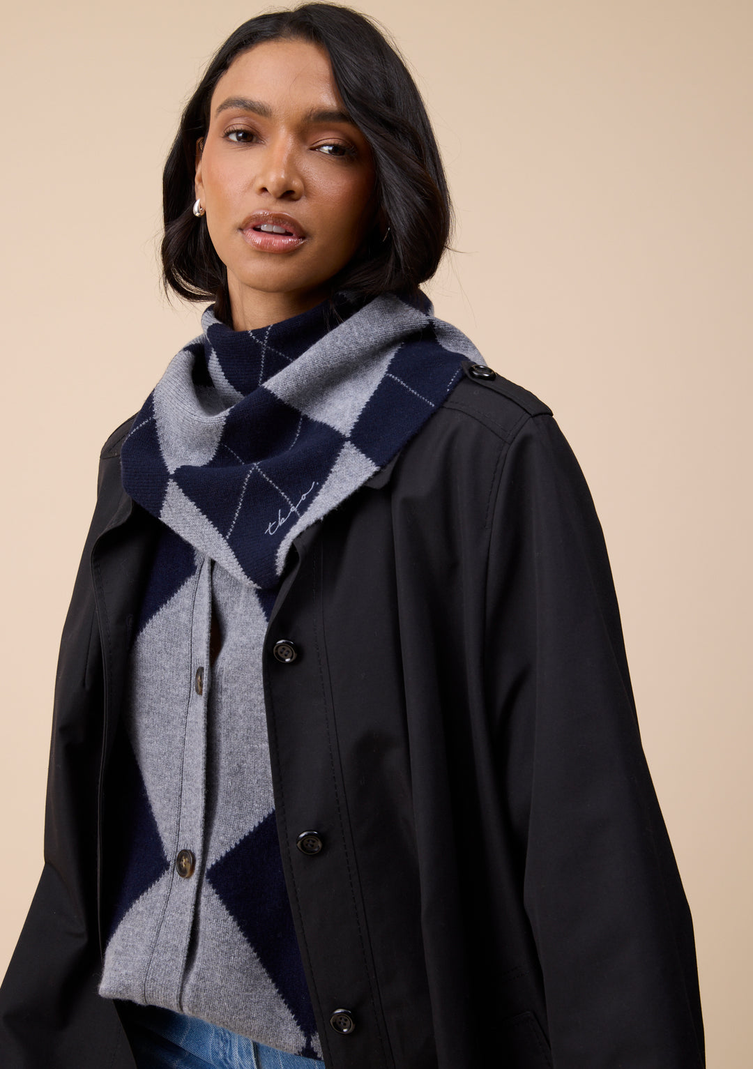Merino Wool Triangle Scarf in Navy Argyle