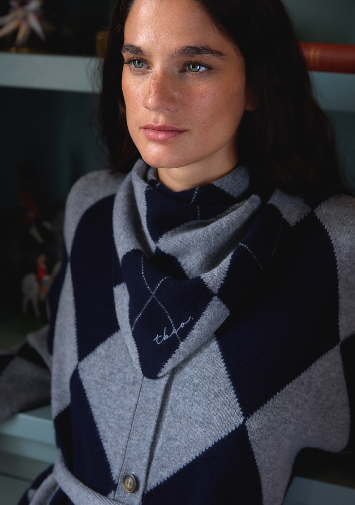 Merino Wool Triangle Scarf in Navy Argyle