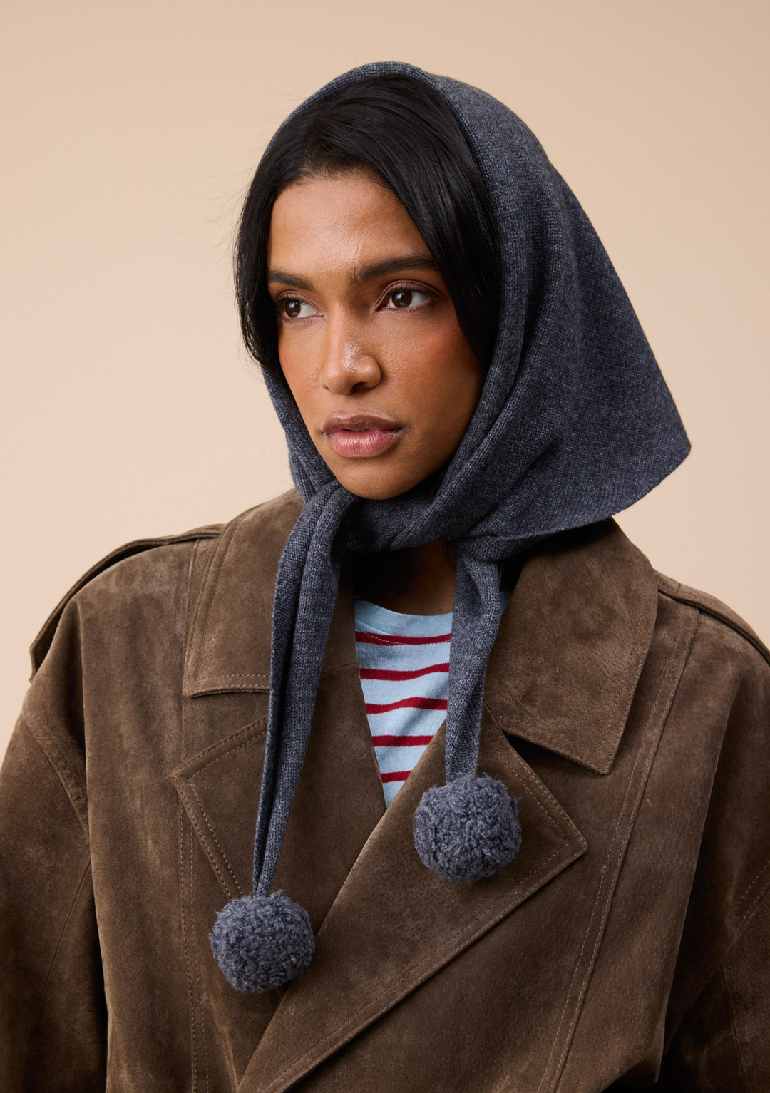Merino Wool Triangle Scarf in Grey Pompom
