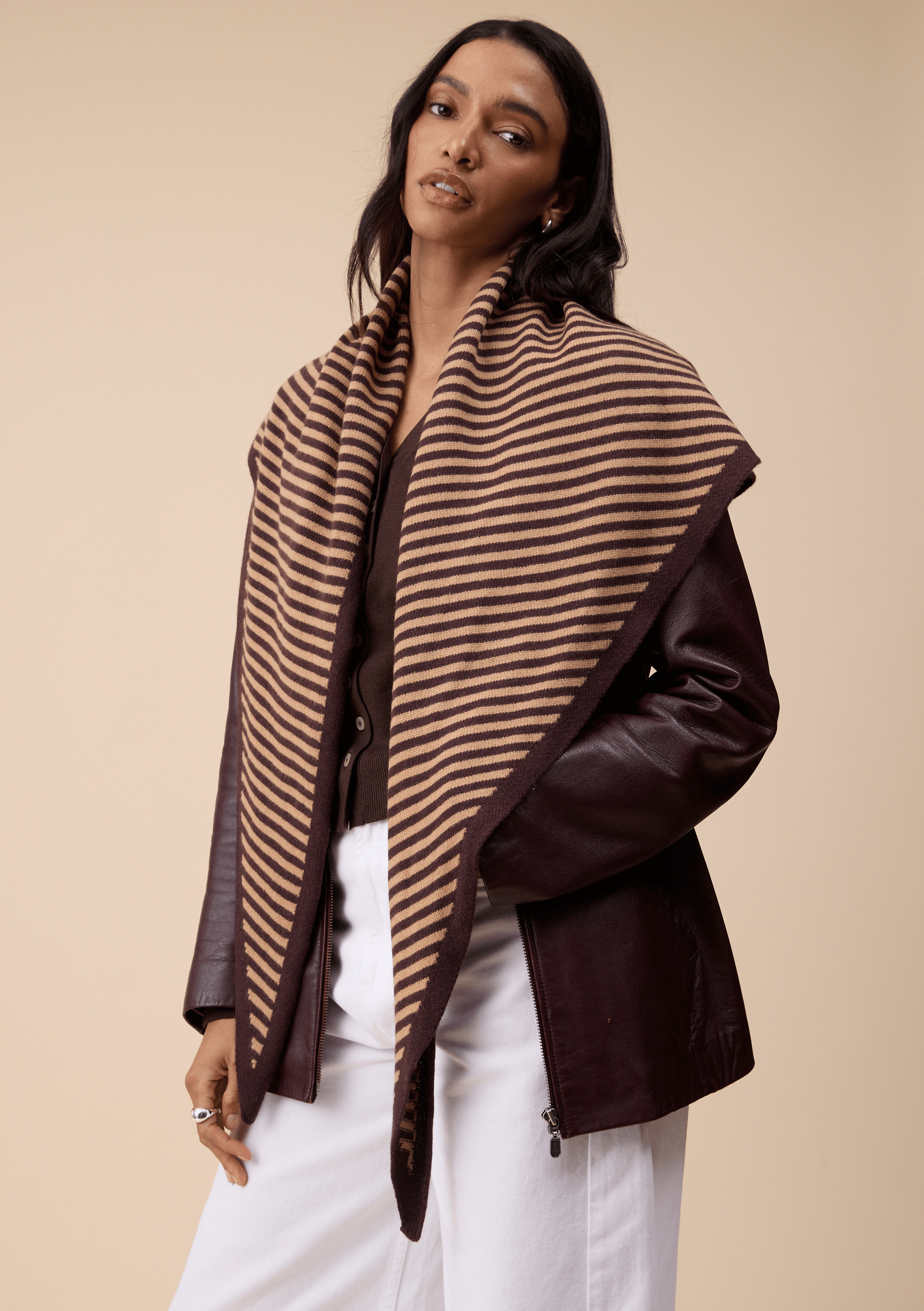 Large Merino Wool Triangle Scarf in Camel & Brown Stripe – TBCo