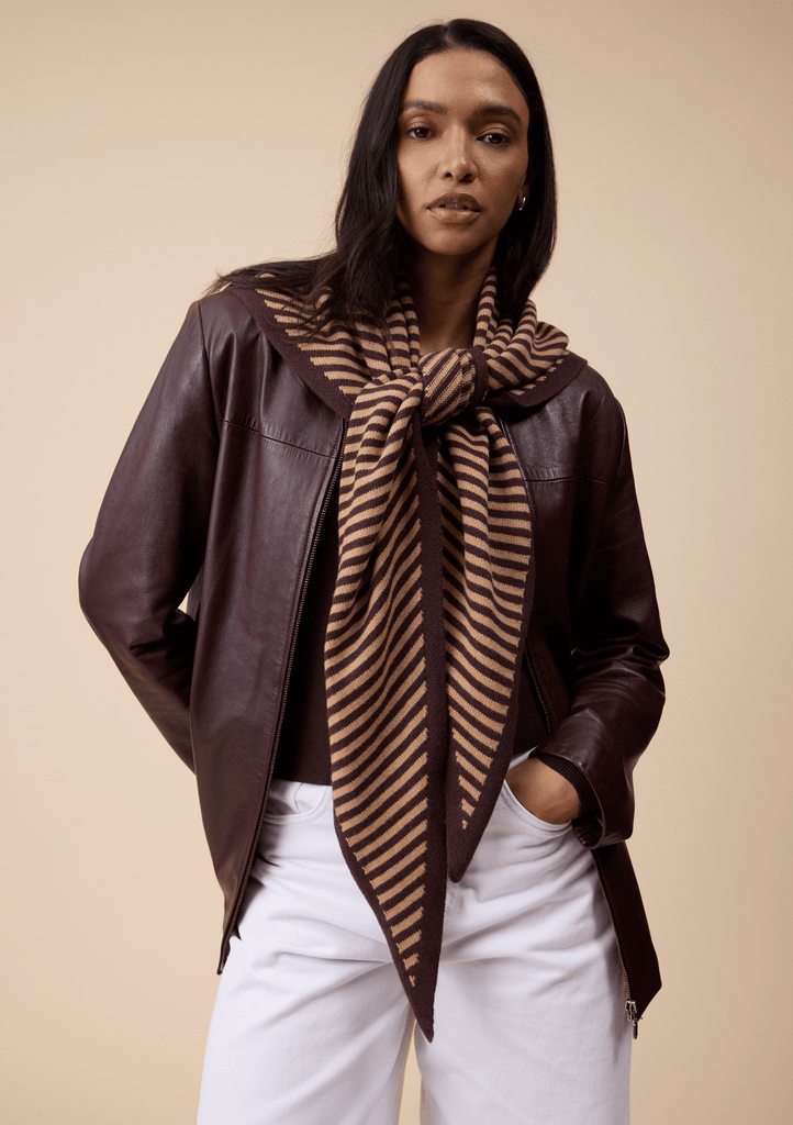 Large Merino Wool Triangle Scarf Camel & Stripe