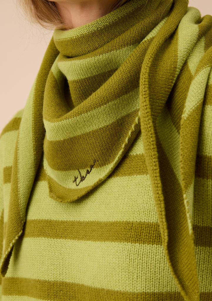 Merino Wool Triangle Scarf in Green Stripe