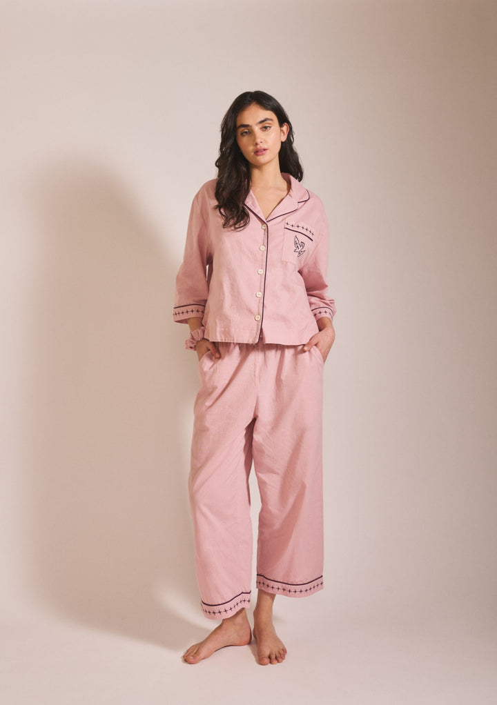 Portrait image of TBCo Cropped Cotton & Linen Pyjamas in Pink with blackberry embroidered details, gallery position 1