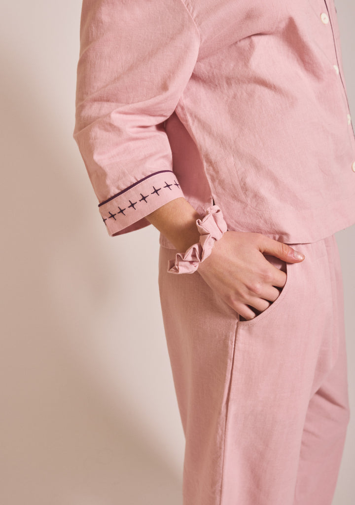 Close-up gallery image 6 of TBCo Cropped Cotton & Linen Pyjamas in Pink showing pocket and blackberry embroidery detail