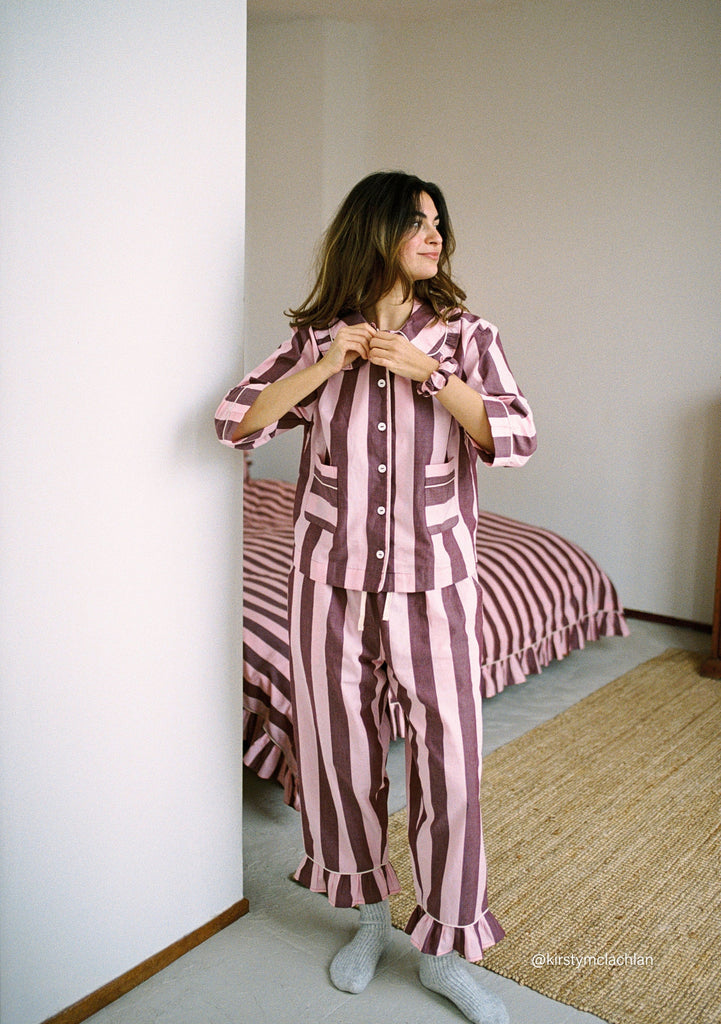 Cropped Cotton Pyjamas & Burgundy Stripe