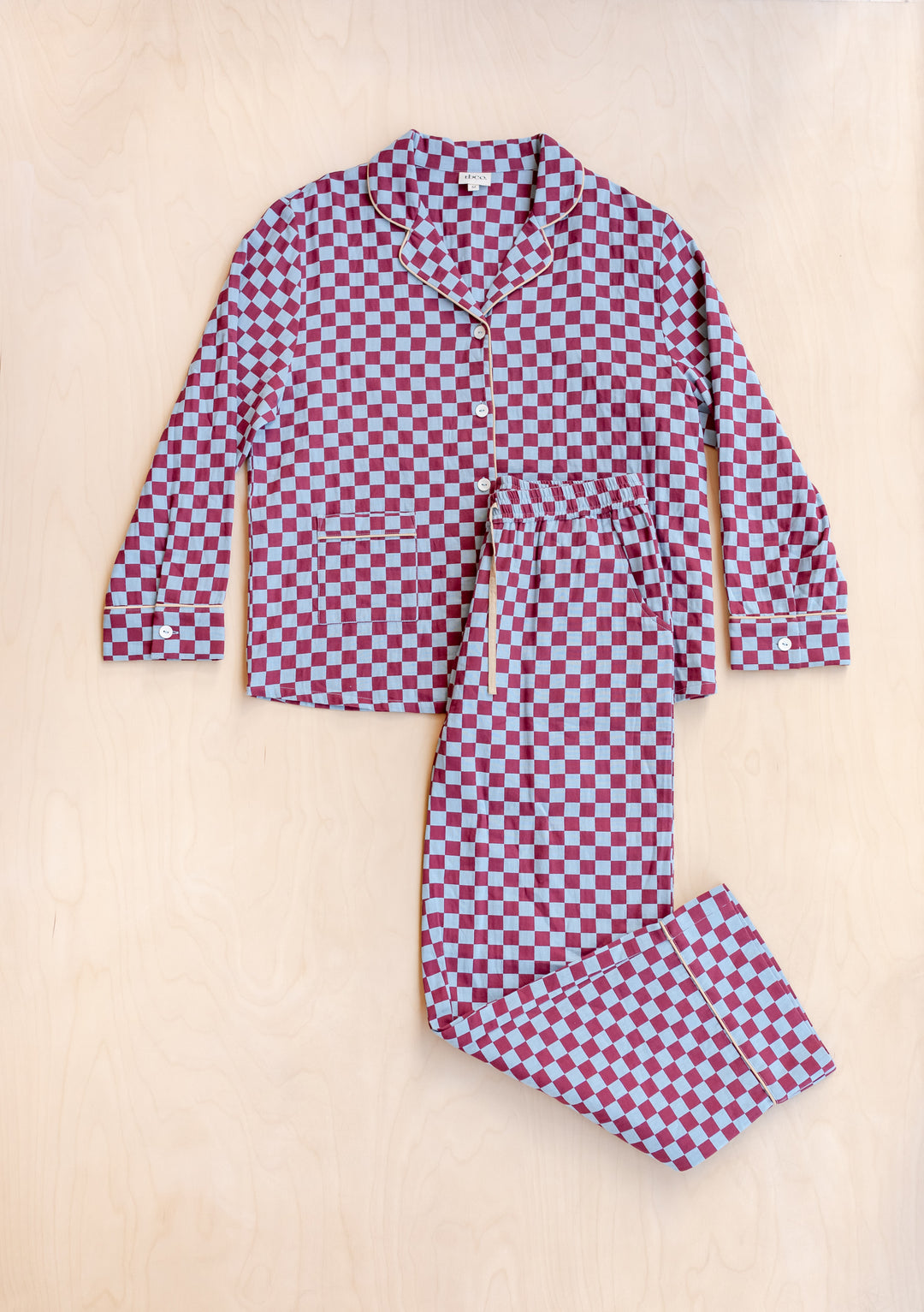 Cotton Pyjamas in Blue Checkerboard by TBCo, breathable cotton with burgundy and blue pattern, elastic waist and pockets.