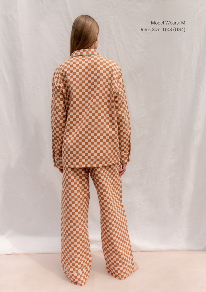 Back view of TBCo Cotton Pyjamas in Honey Checkerboard with breathable cotton fabric and relaxed fit.