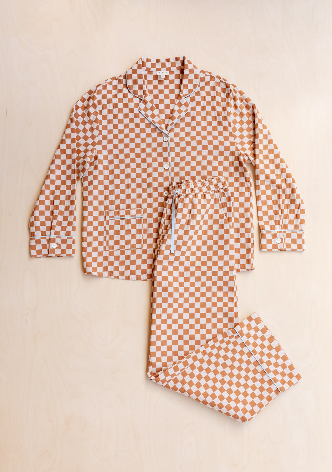 Cotton Pyjamas in Honey Checkerboard by TBCo, breathable cotton set with elastic waistband and contrasting piping.