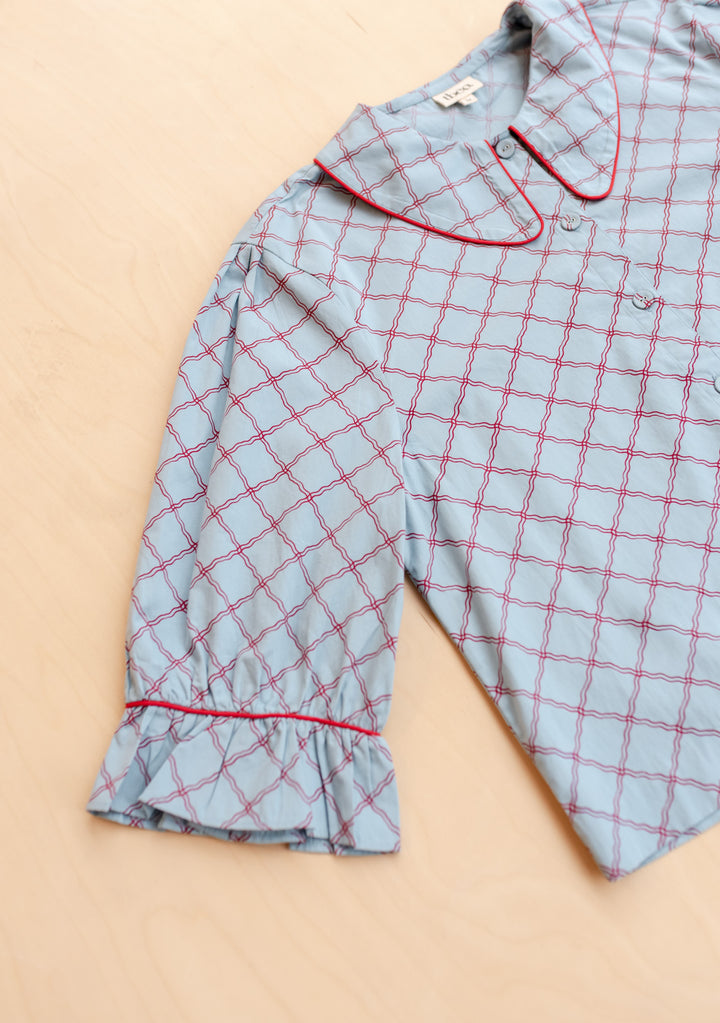 Cropped Cotton Pyjamas in Blue Lattice by TBCo showing detailed sleeve and collar in gallery image six portrait 1442x2048